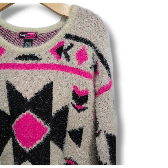 Say What? Women’s Shaggy Knit Sweater Aztec Print - Large - Picture 2 of 8